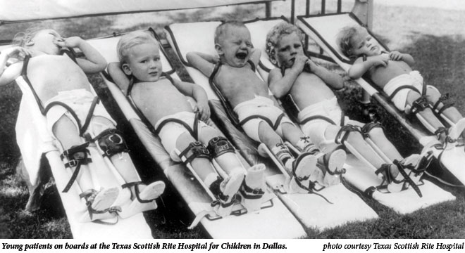 Young patients on boards at the Texas Scottish Rite Hospital for Children in Dallas.