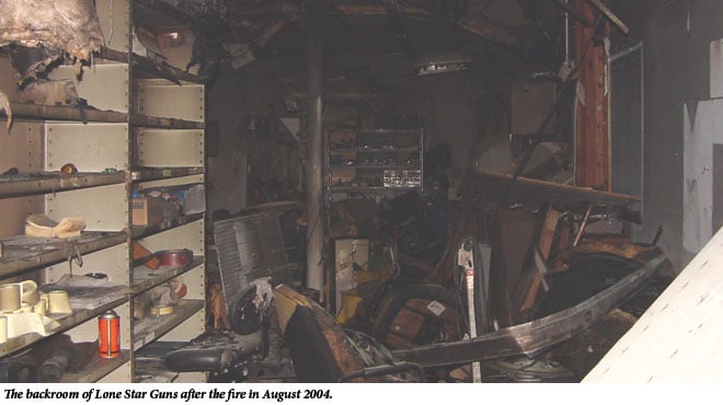 The backroom of Lone Star Guns after the fire in August 2004.