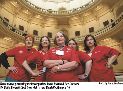 Texas nurses protesting for lower patient loads included Bev Leonard (l), Betty Bennett (2nd from right), and Danielle Magana (r)