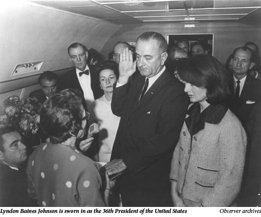 Lyndon Baines Johnson is sworn in as the 36th President of the United States
