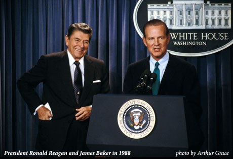 Ronald Reagan and James Baker in 1988, photo by Arthur Grace