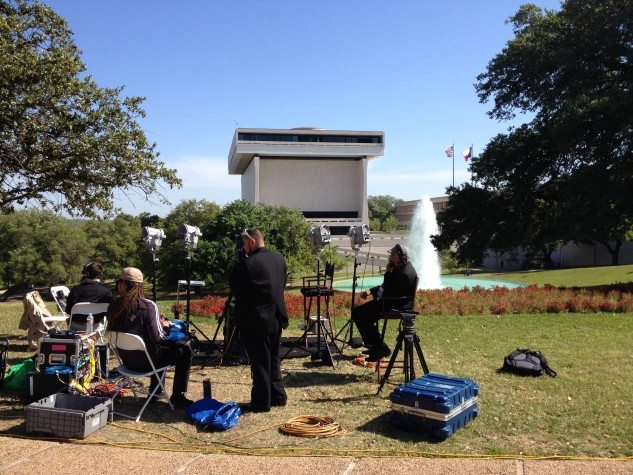 A TV crew waits for President Obama's arrival at the LBJ Library's Civil Rights Summit. April 10, 2014.