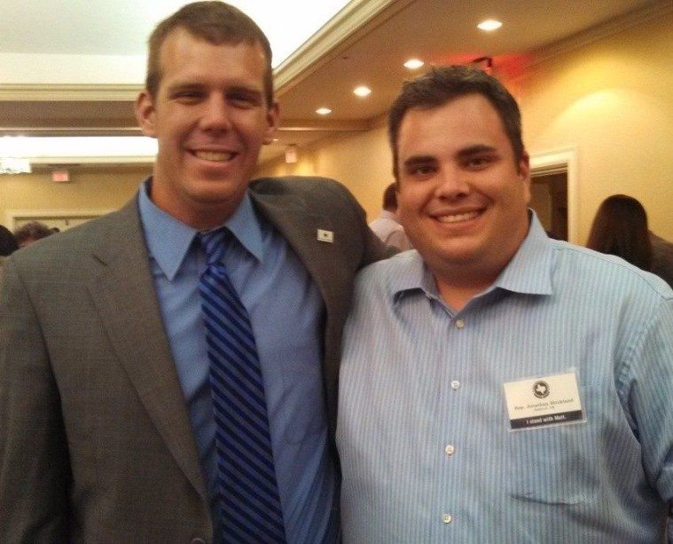 Philip Eby, left, with state Rep. Jonathan Stickland, posing before the war.