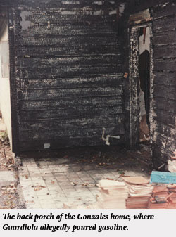 The back porch of the Gonzales home, where Guardiola allegedly poured gasoline.