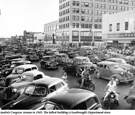 Austin's Congress Avenue in 1945. The tallest building is Scarbrough's Department store.