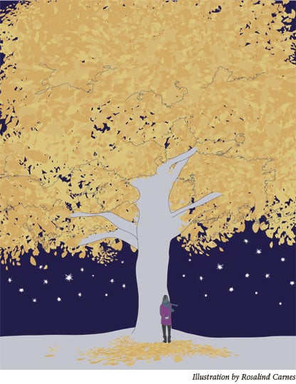 A girl stands in front of a tree at night