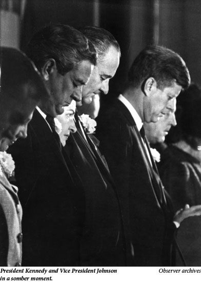 President Kennedy and Vice President Johnson in a somber moment.