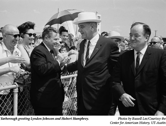 Yarborough greeting Lyndon Johnson and Hubert Humphrey.