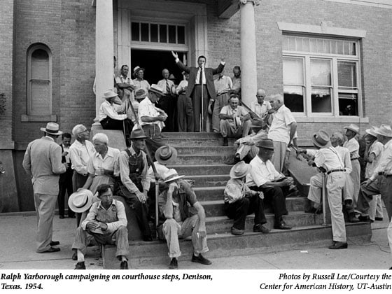 Ralph Yarborough campaigning on courthouse steps, Denison, Texas. 1954.