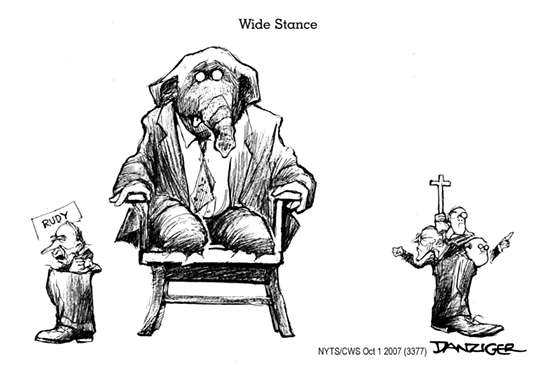 an elephant sitting between Giuliani and the religious right
