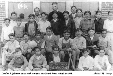 LBJ posing with students at a South Texas school in 1928
