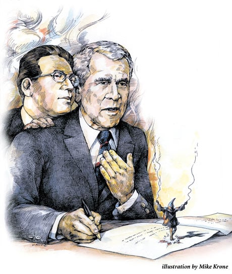Alberto Gonzalez and George W., illustration by Mike Krone