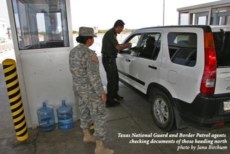 Texas National Guard and Border Patrol agents checking documents of those heading north, photo by Jana Birchum