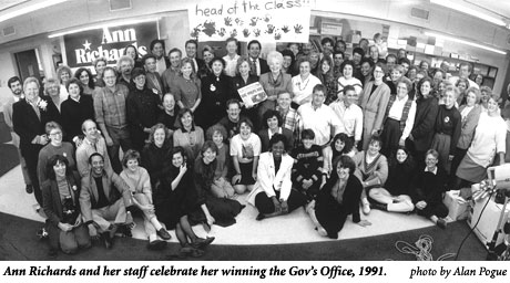 Ann Richards and her staff celebrating her Gubernatorial victory, 1990, photo by Alan Pogue