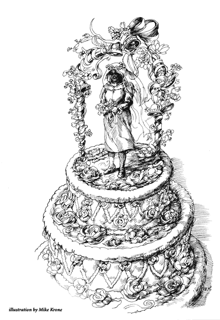 An illustration by Mike Krone of an elderly woman figurine on a wedding cake, adorned with flowers and bows