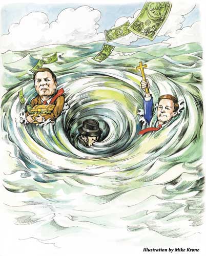 Abramoff's Whirlpool - Illustration by Mike Krone of a whirlpool coming out of Abramoff's mouth with Tom DeLay, clutching a war chest, and Ralph Reed, holding a cross high in the air, being sucked into the vortex