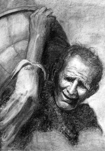 charcoal image of man with clay pot on shoulder