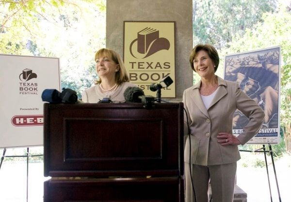 Texas Book Festival Executive Director Lidia Agraz and First Lady Laura Bush at the 2012 author lineup announcement event at the Bush home in Dallas.