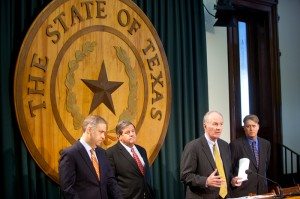 From left, Justin Yancy of the Texas Business Leadership Council, Texas Association of Business president Bill Hammond, and Texas Institute for Education Reform Chairman Jim Windham explain their plan for adjusting Texas' school testing and accountability system.