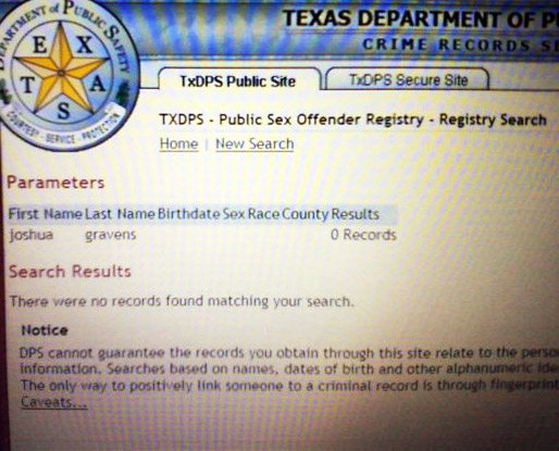 Screen grab of Joshua Gravens' Texas Department of Public Safety record.