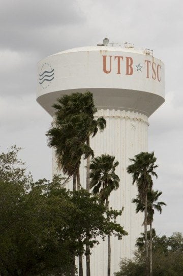 A water tower in Brownsville sports the UTB TSC logo.