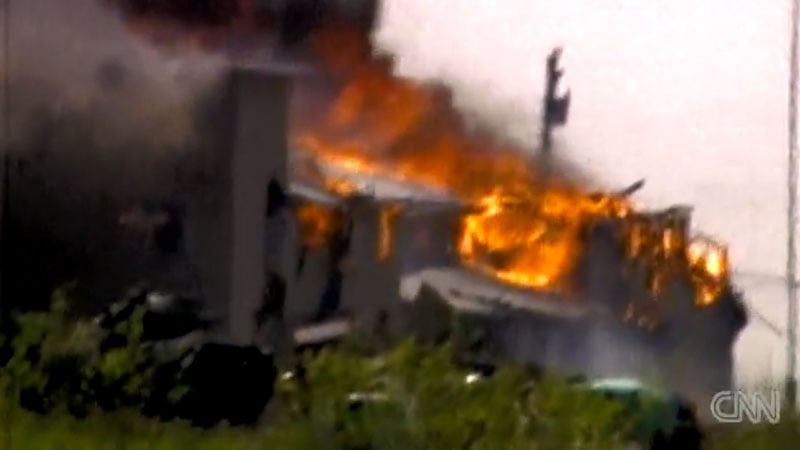 Branch Davidian compound on fire.