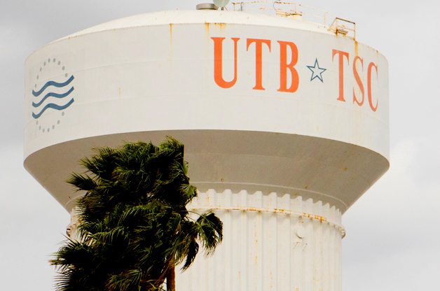 A water tower marked for UT-Brownsville and Texas Southmost College