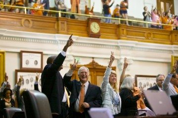 Wendy Davis, Kirk Watson and other Senate Democrats signal a "no" vote during the SB 5 debate.