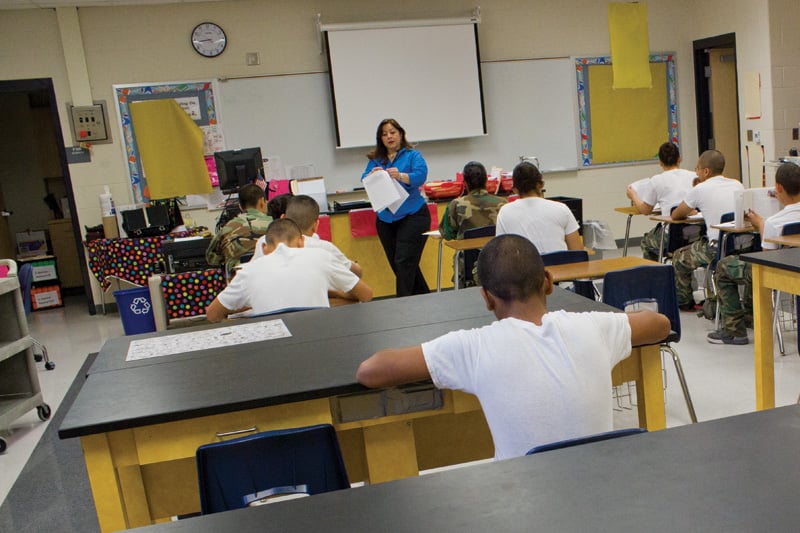 Reading teacher Rosie Martinez discusses bullying with her middle-school class.