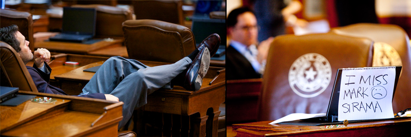 At left, Mark Strama (D-Austin) takes a look around the House chamber during a long night of debate over the omnibus abortion restrictions last special session. Strama left the Legislature before the current session, leaving his longtime deskmate Rafael Anchia (D-Dallas) a little lonely today.