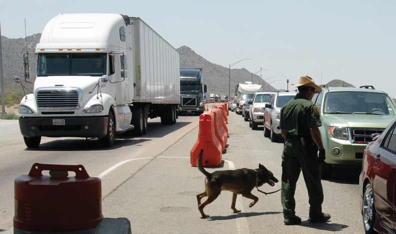 Drug-sniffing dogs are a staple of the Sierra Blanca Border Patrol station. Agents check all eastbound traffic on Interstate 10.