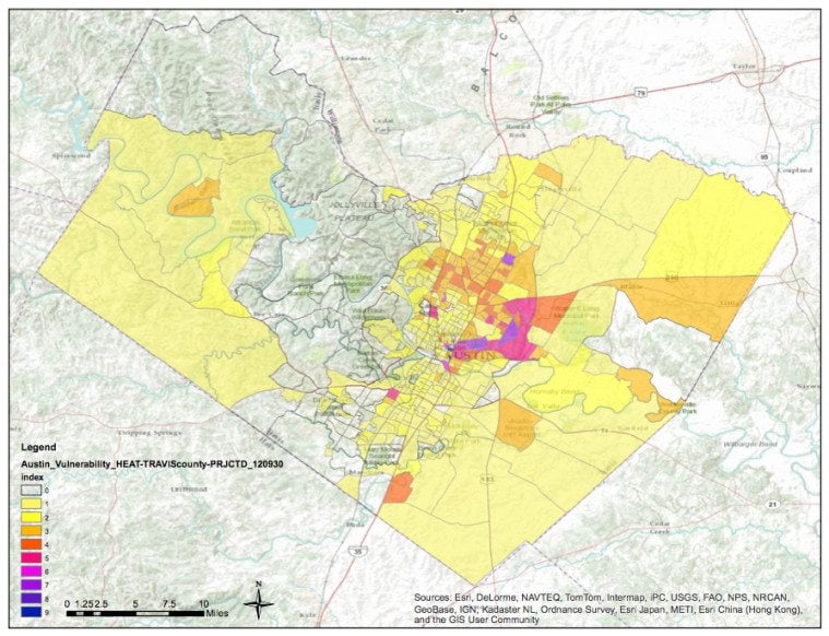 Areas that are most vulnerable to heat in Travis County are darkest.