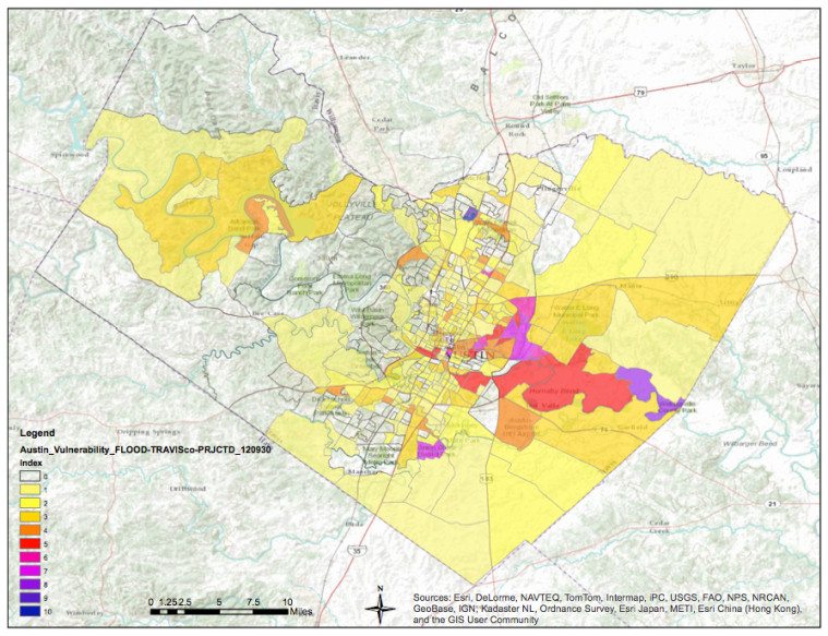Areas prone to flooding in Travis County are darkest.