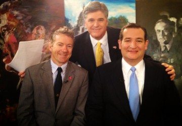 Kentucky Senator Rand Paul, left, and Texas Senator Ted Cruz, right, pose with Sean Hannity.