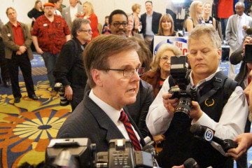 Dan Patrick talks to reporters at his primary election night party in Houston. March 4, 2014.