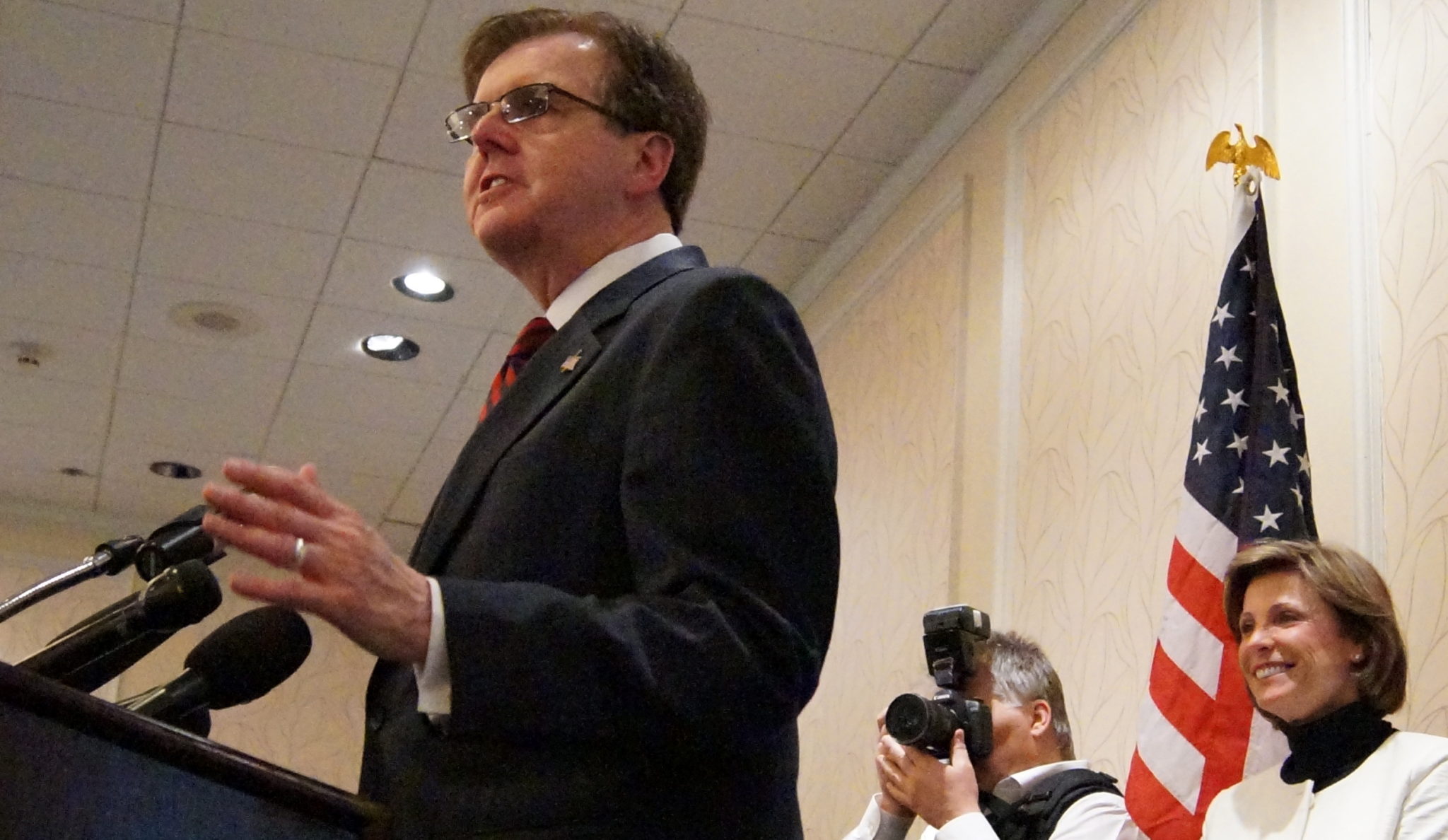 Dan Patrick speaks at his primary election night party in Houston, with his wife, Jan Patrick, behind him. March 4, 2014.