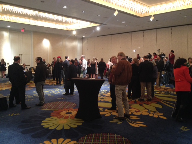 Folks milling about Dan Patrick's HQ in Houston.
