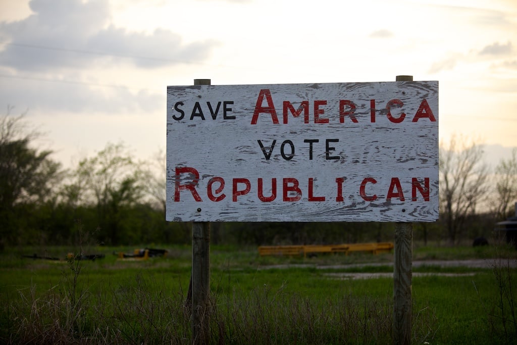 A "Save America Vote Republican" sign in Marquez.