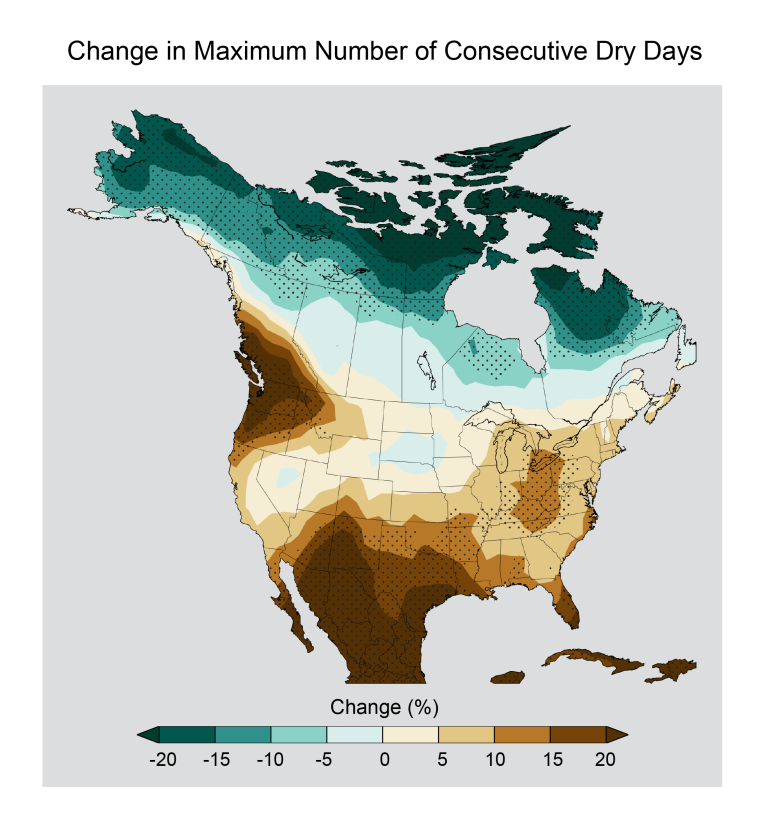 Figure: Change in Maximum Number of Consecutive Dry Days Caption: Change in the number of consecutive dry days (days receiving less than 0.04 inches (1 mm) of precipitation) at the end of this century (2081-2100) relative to the end of last century (1980-1999) under the higher scenario, RCP 8.5. Stippling indicates areas where changes are consistent among at least 80% of the 25 models used in this analysis. (Supplemental Message 5 and Ch. 2: Our Changing Climate, Key Message 3). (Figure source: NOAA NCDC / CICS-NC). 