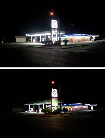 Before (top) and after photos of a Stripes service station in Alpine.