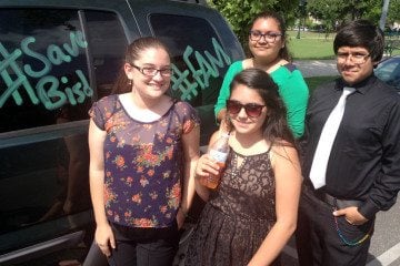 Beaumont ISD students (from left) Hope Flores, Alex Treviño, Escarly Candelaria and Roberto Castillo, outside the Travis County courthouse where lawyers for BISD and the state argued Tuesday over the district's future.
