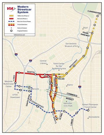 A map of the proposed route for the San Antonio's "Modern Streetcar" project. 