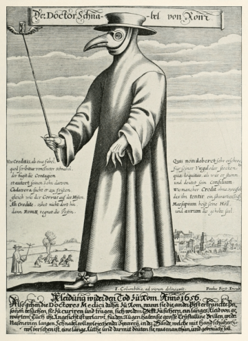 Doktor Schnabel von Rom ("Doctor Beak of Rome" in German) with a satirical Latin/German poem. Engraving by Paul Fürst, 1656