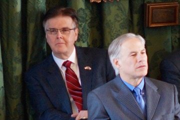 Dan Patrick and Greg Abbott at Ken Paxton's inauguration, January 5, 2015.