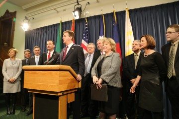 Lt. Gov. Dan Patrick and Senate Finance Chair Jane Nelson were flanked by other senators, but no Democrats, as they announced a major tax cut plan Tuesday.