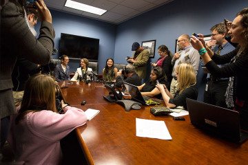 Sarah Goodfriend, left, and her wife, Suzanne Bryant with their daughters, Ting and Dawn, (not shown) hold a press conference hours after becoming the first same-sex couple to legally marry in Texas. 