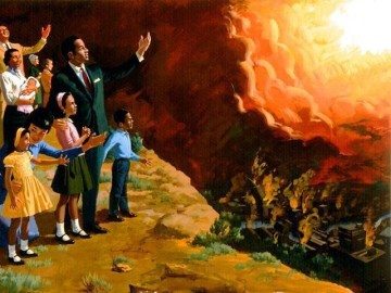 A family looks on as a world devoid of plastic bags and full of gay marriages is consumed by flames.