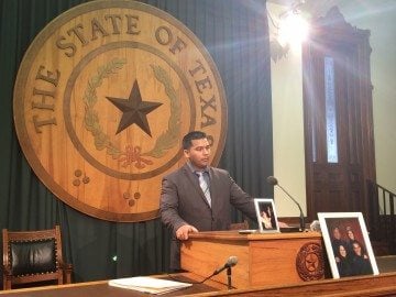 Erick Muñoz, husband of Marlise Muñoz, addresses reporters at the Texas Capitol in March.