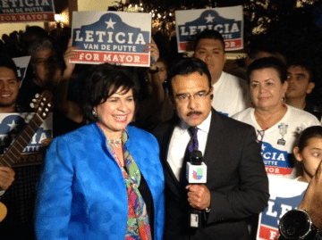 Leticia Van de Putte conducts a post-election interview with Univision after her victory speech.