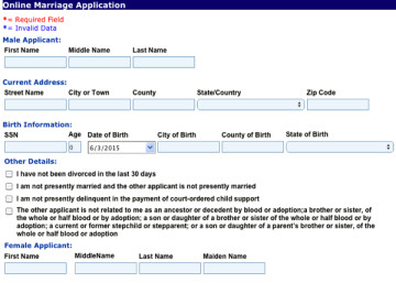 The state's marriage license application form, as posted online by Dallas County, says "male" and "female." 